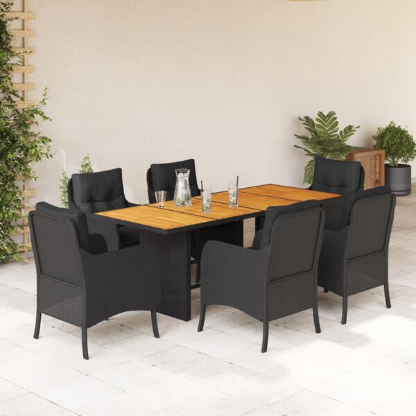 vidaXL 7 Piece Garden Dining Set with Cushions Black Poly Rattan