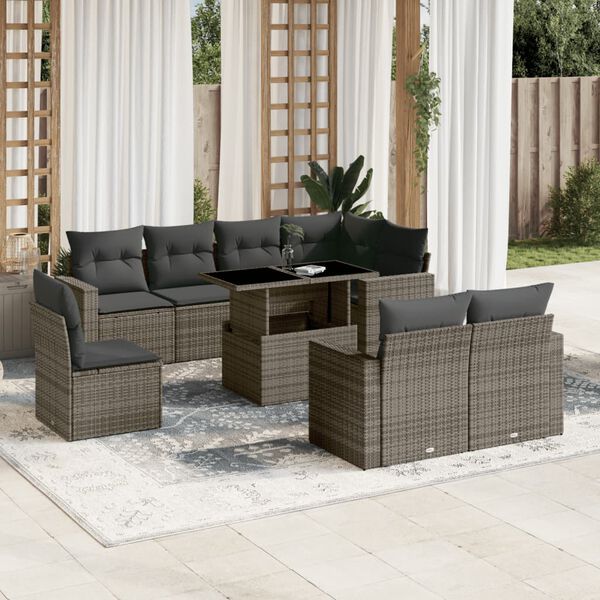 vidaXL 9 Piece Garden Sofa Set with Cushions Grey Poly Rattan