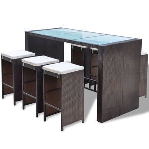 vidaXL 7 Piece Garden Bar Set with Cushions Poly Rattan Brown
