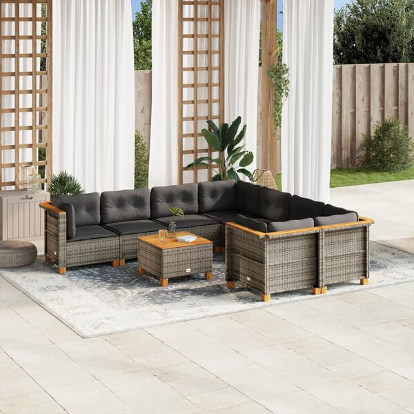 vidaXL 9 Piece Garden Sofa Set with Cushions Grey Poly Rattan