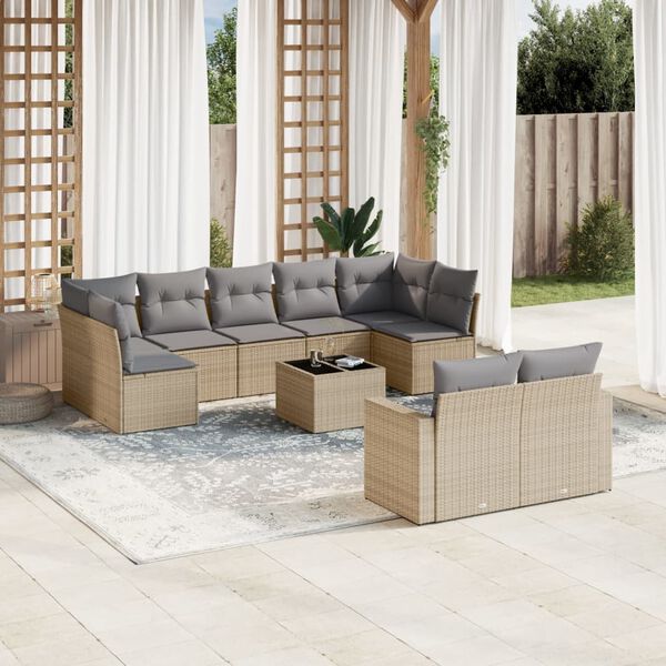 vidaXL 10 Piece Garden Sofa Set with Cushions Beige Poly Rattan
