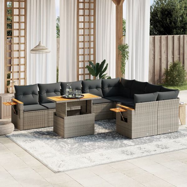 vidaXL 10 Piece Garden Sofa Set with Cushions Grey Poly Rattan