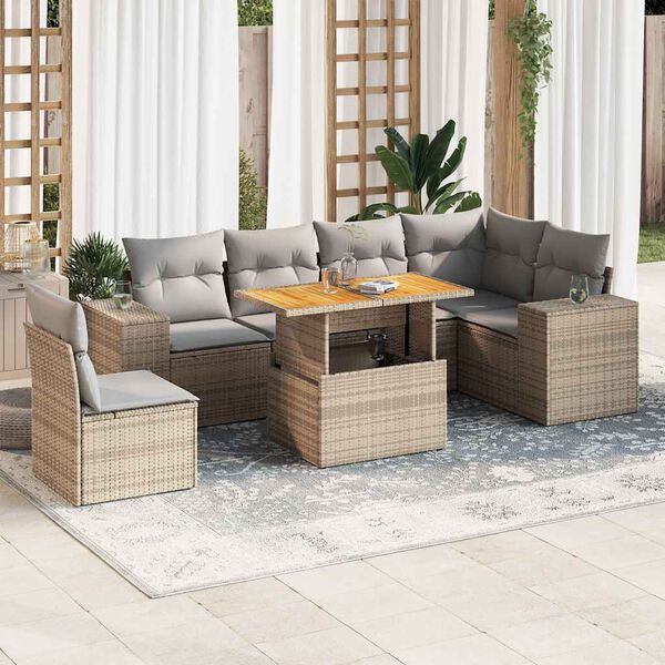 vidaXL 7 Piece Garden Sofa Set with Cushions Beige Poly Rattan