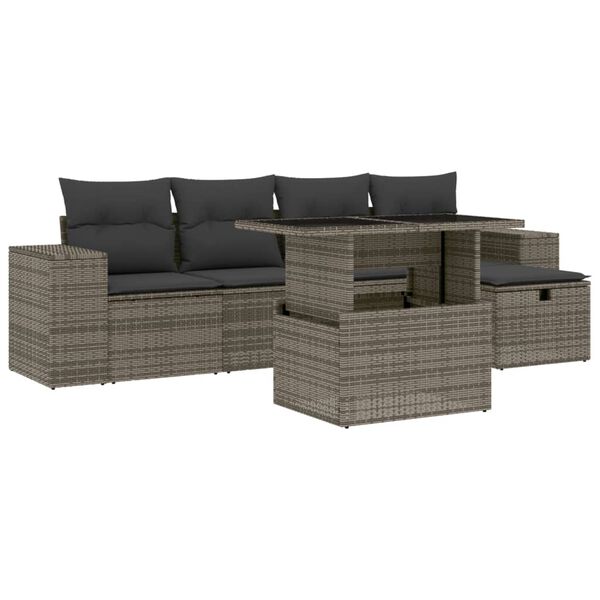 vidaXL 6 Piece Garden Sofa Set with Cushions Grey Poly Rattan