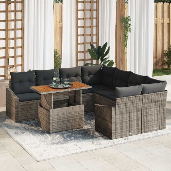 vidaXL Garden Sofa Set with Storage 9 pcs Grey Poly rattan