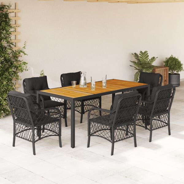 vidaXL 7 Piece Garden Dining Set with Cushions Black Poly Rattan