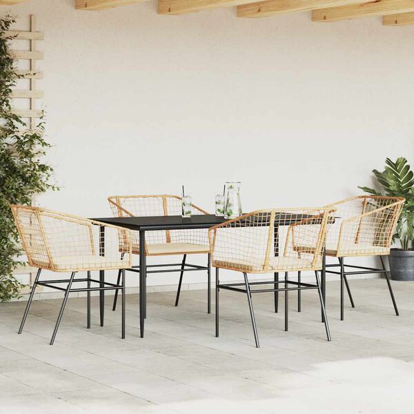 vidaXL 5 Piece Garden Dining Set with Cushions Brown Poly Rattan Glass