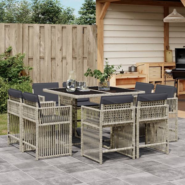 vidaXL 9 Piece Garden Dining Set with Cushions Light Grey Poly Rattan
