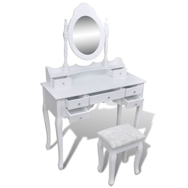 vidaXL Dressing Table with Mirror and Stool 7 Drawers White
