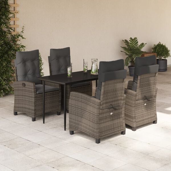 vidaXL 5 Piece Garden Dining Set with Cushions Grey Poly Rattan