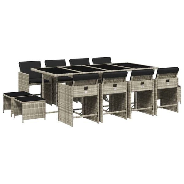 vidaXL 13 Piece Garden Dining Set with Cushions Light Grey Poly Rattan