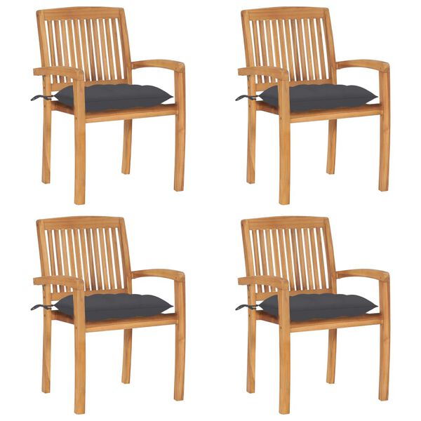 vidaXL Stacking Garden Chairs with Cushions 4 pcs Solid Teak Wood