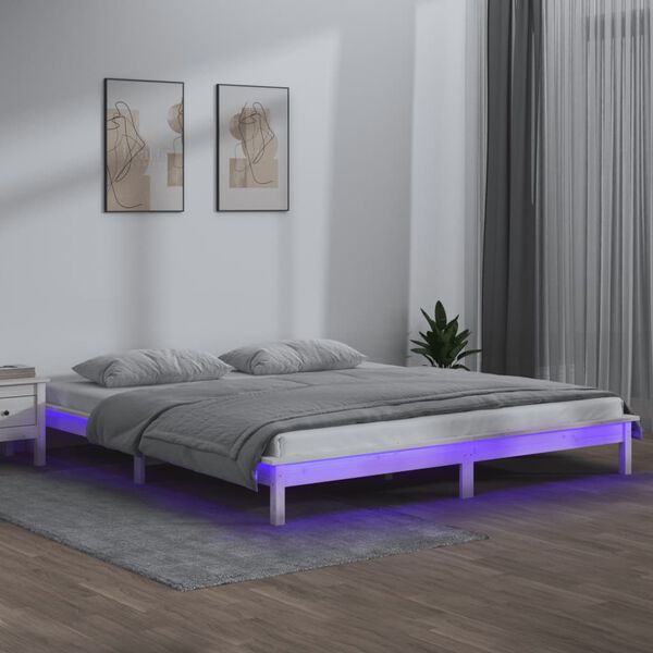 vidaXL LED Bed Frame without Mattress White 150x200 cm King Size Solid Wood