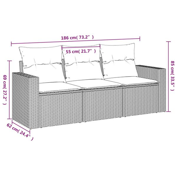 vidaXL 3 Piece Garden Sofa Set with Cushions Grey Poly Rattan