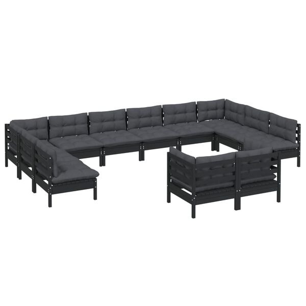 vidaXL 12 Piece Garden Lounge Set with Cushions Black Solid Pinewood