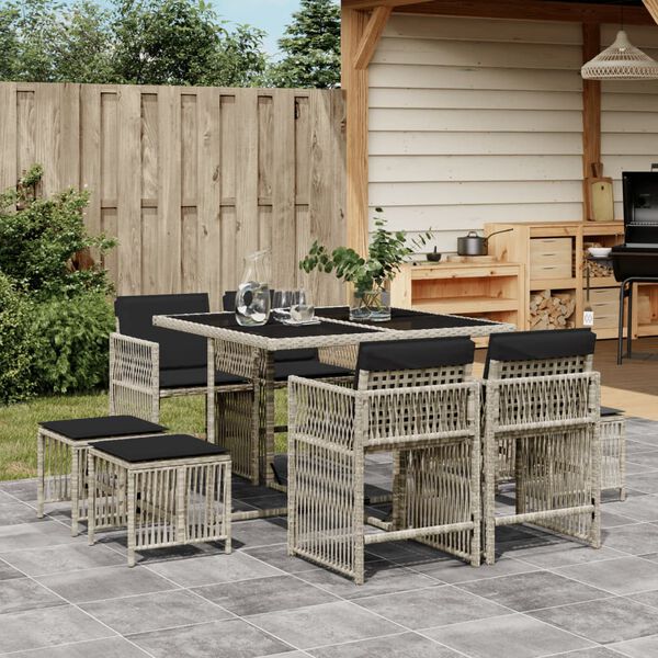 vidaXL 9 Piece Garden Dining Set with Cushions Light Grey Poly Rattan
