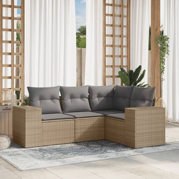 vidaXL 4 Piece Garden Sofa Set with Cushions Beige Poly Rattan