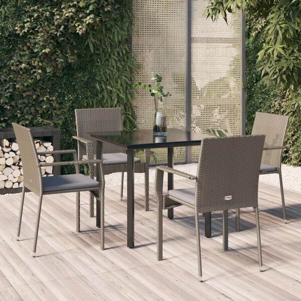 vidaXL 5 Piece Garden Dining Set with Cushions Black and Grey Poly Rattan