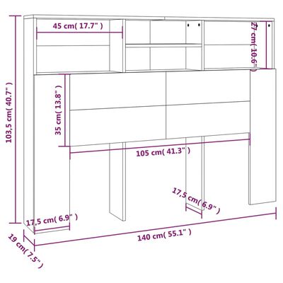 vidaXL Headboard Cabinet Concrete Grey 140x19x103.5 cm