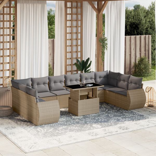 vidaXL 11 Piece Garden Sofa Set with Cushions Beige Poly Rattan