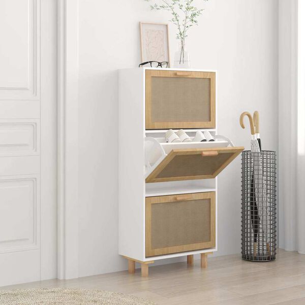 vidaXL Shoe Cabinet White 52x25x115 cm Engineered Wood&Natural Rattan