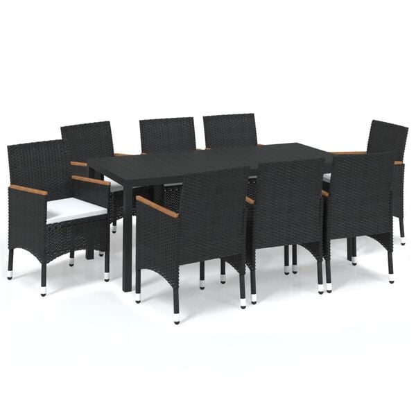 vidaXL 9 Piece Garden Dining Set with Cushions Poly Rattan Black