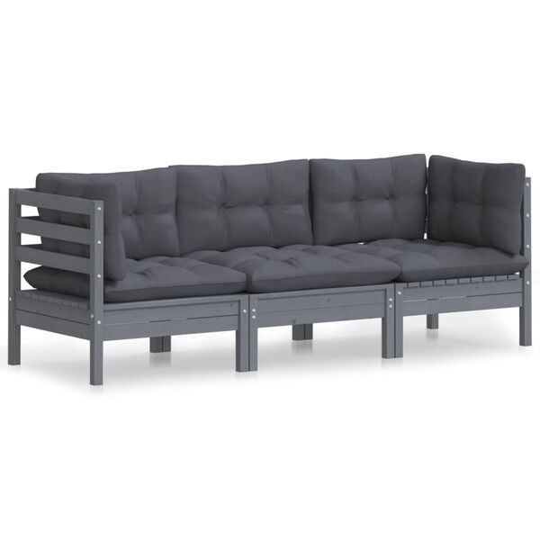vidaXL 3-Seater Garden Sofa with Anthracite Cushions Solid Pinewood