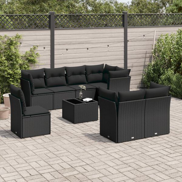 vidaXL 9 Piece Garden Sofa Set with Cushions Black Poly Rattan