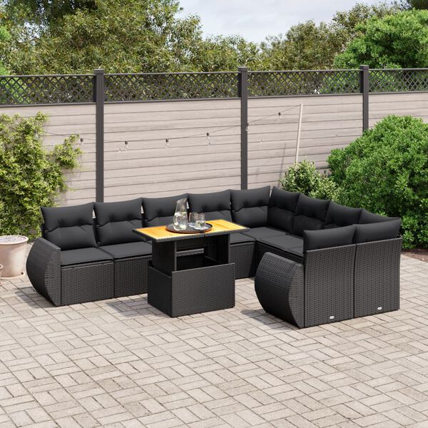 vidaXL 10 Piece Garden Sofa Set with Cushions Black Poly Rattan