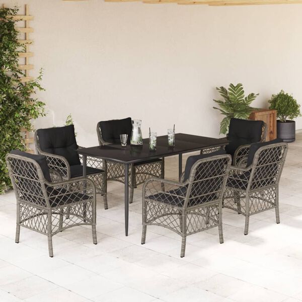 vidaXL 7 Piece Garden Dining Set with Cushions Grey Poly Rattan