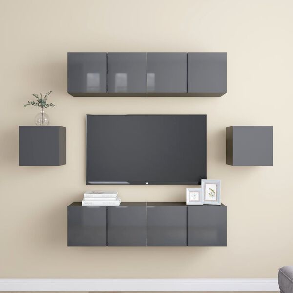 vidaXL 6 Piece TV Cabinet Set High Gloss Grey Engineered Wood