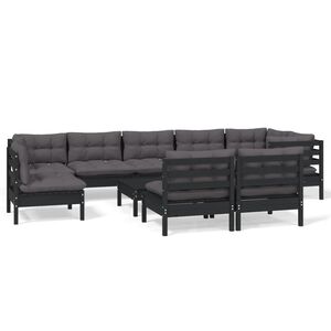 vidaXL 10 Piece Garden Lounge Set with Cushions Black Solid Pinewood