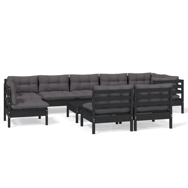 vidaXL 10 Piece Garden Lounge Set with Cushions Black Solid Pinewood