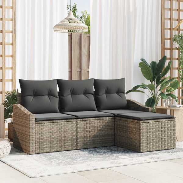 vidaXL Sofa Set with Cushion 4 pcs Grey Poly Rattan
