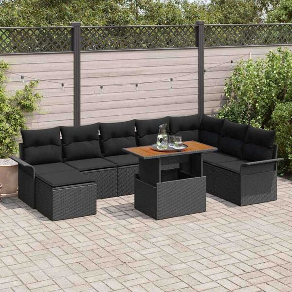 vidaXL Garden Sofa Set with Storage 9 pcs Black Poly rattan