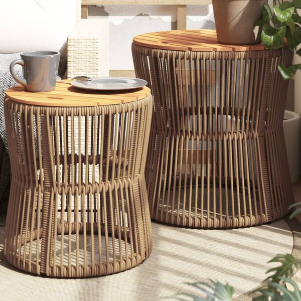 vidaXL Garden Side Tables 2 pcs with Wooden Top Beige Poly Rattan