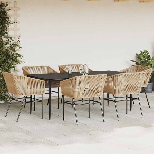 vidaXL 7 Piece Garden Dining Set with Cushions Brown Poly Rattan Glass