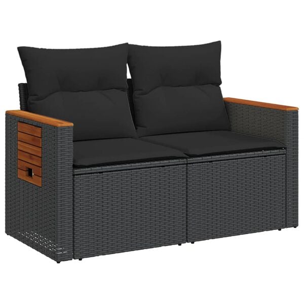 vidaXL Garden Sofa with Cushions 2-Seater Black Poly Rattan