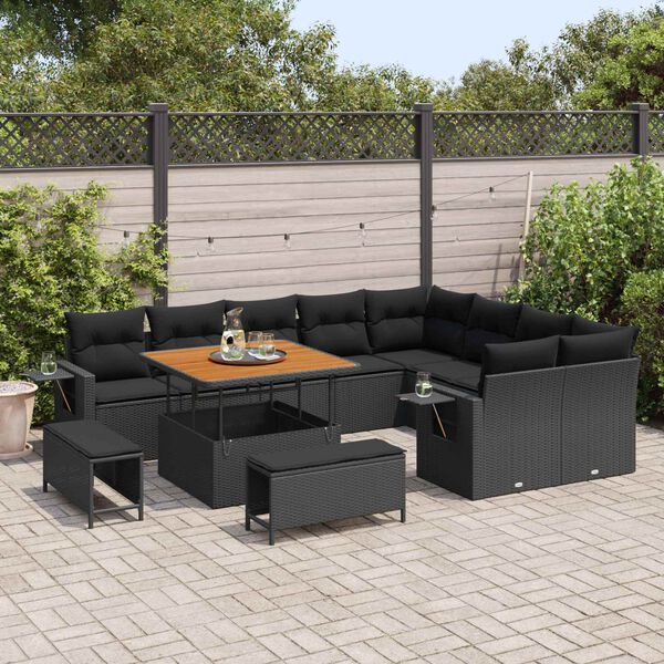 vidaXL Garden Sofa Set Height-Adjustable 12 pcs Black Poly Rattan