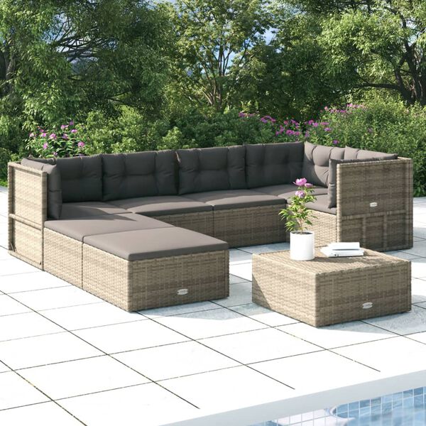 vidaXL 7 Piece Garden Lounge Set with Cushions Grey Poly Rattan
