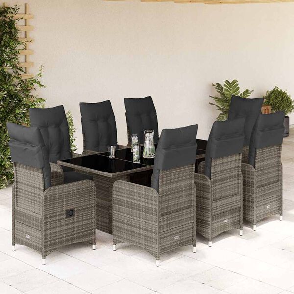 vidaXL 9 Piece Garden Bistro Set with Cushions Grey Poly Rattan
