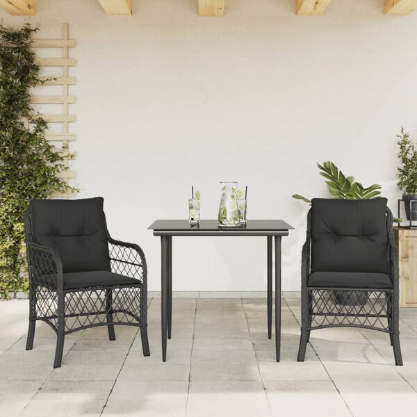 vidaXL 3 Piece Bistro Set with Cushions Black Poly Rattan