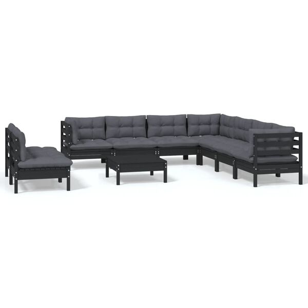 vidaXL 10 Piece Garden Lounge Set with Cushions Black Solid Pinewood