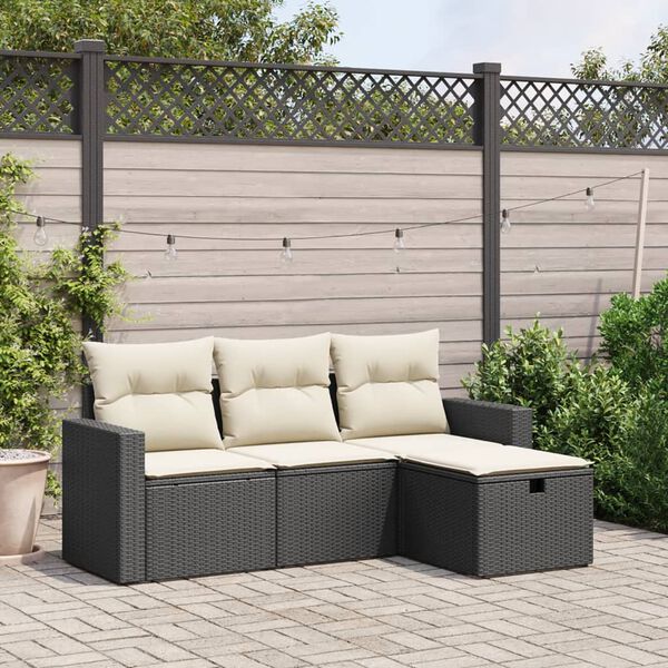 vidaXL 4 Piece Garden Sofa Set with Cushions Black Poly Rattan