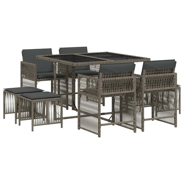 vidaXL 9 Piece Garden Dining Set with Cushions Grey Poly Rattan