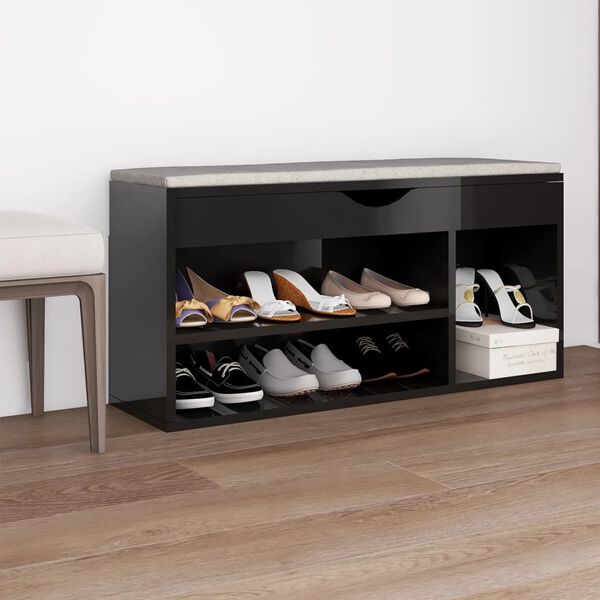 vidaXL Shoe Bench with Cushion High Gloss Black 104x30x49 cm Engineered Wood