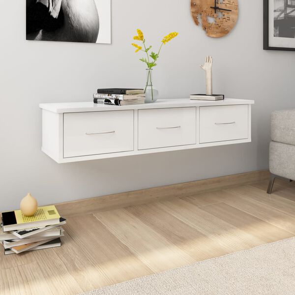 vidaXL Wall Drawer Shelf High Gloss White 88x26x18.5 cm Engineered Wood