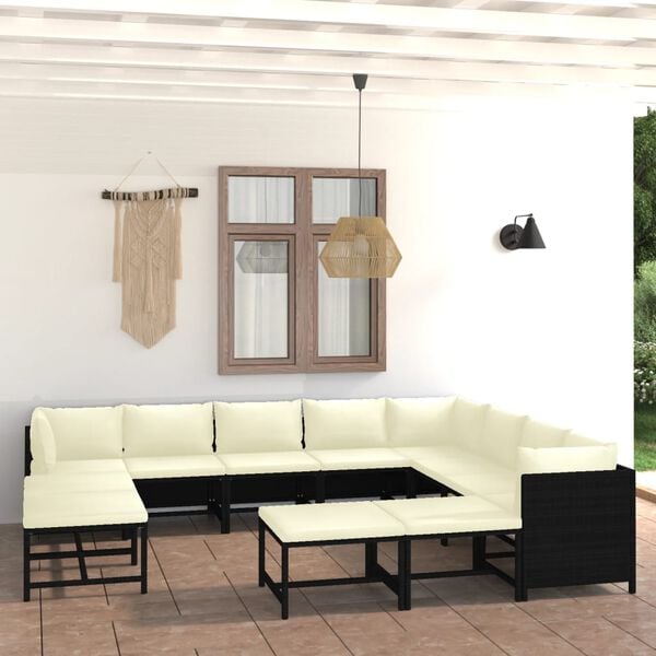 vidaXL 12 Piece Garden Lounge Set with Cushions Poly Rattan Black