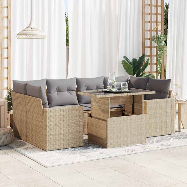 vidaXL 7 Piece Garden Sofa Set with Cushions Beige Poly Rattan