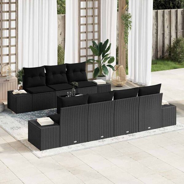 vidaXL Garden Sofa Set with Cushion 8 pcs Black Poly Rattan